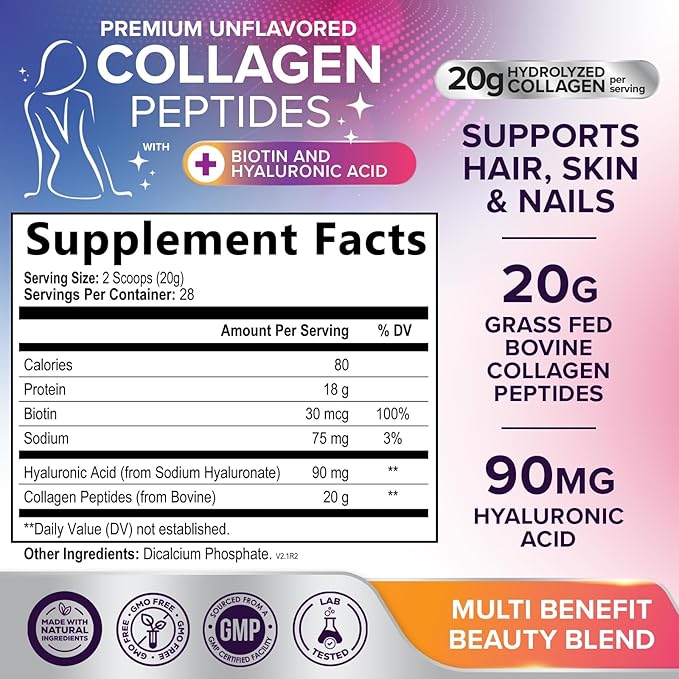 Collagen Peptides Powder - Hydrolyzed Type 1 &amp 3 Collagen Powder 20g per Serving with Hyaluronic Acid &amp Biotin - Vital Nails Skin &amp Joint Support - No Sugar Unflavored Bottled in USA -