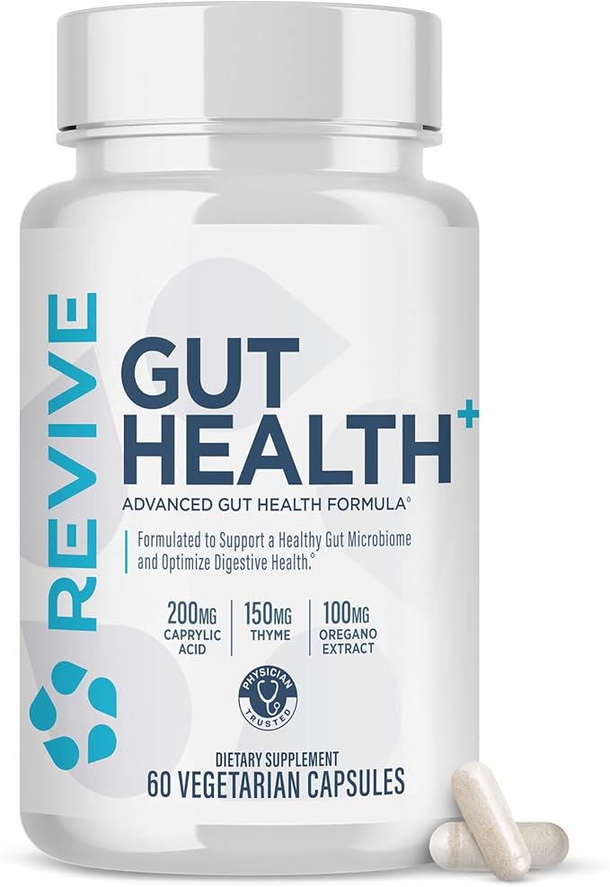 Revive MD Gut Health Supplements for Men &amp Women - Daily Gut Repair &amp Digestive Health Support Formula with Thyme Oregano &amp Milk Thistle - Vegan-Friendly Gluten-Free (60 Capsules 30 Ser