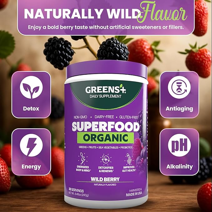 Greens+ Organic Wild Berry Superfood Powder Antioxidant Polyphenol Blend for Morning Kick Energy Vitality Boost Nutrition Vibrant Health Dietary Supplement Vegan Soy/Dairy/Gluten Free(8.46oz)