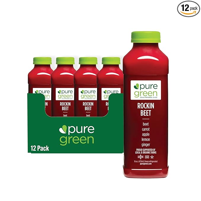 Pure Green Cold Pressed Juice - Rockin Beet - Fresh Functional Blend with Beet Carrot Apple Lemon Ginger - Natural Gluten Free Non-GMO No Artificial Colors or Flavors - Made from Real Fruits &a