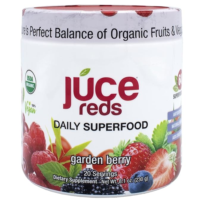 Terra Kai Organics JUCE Reds Organic Superfood Powder - Garden Berry Flavor | Fruit &amp Veggie Powder for Everyone w/64 Immune Boosting Superfood Plus Probiotics for Gut Health | 20 Servings (230g)