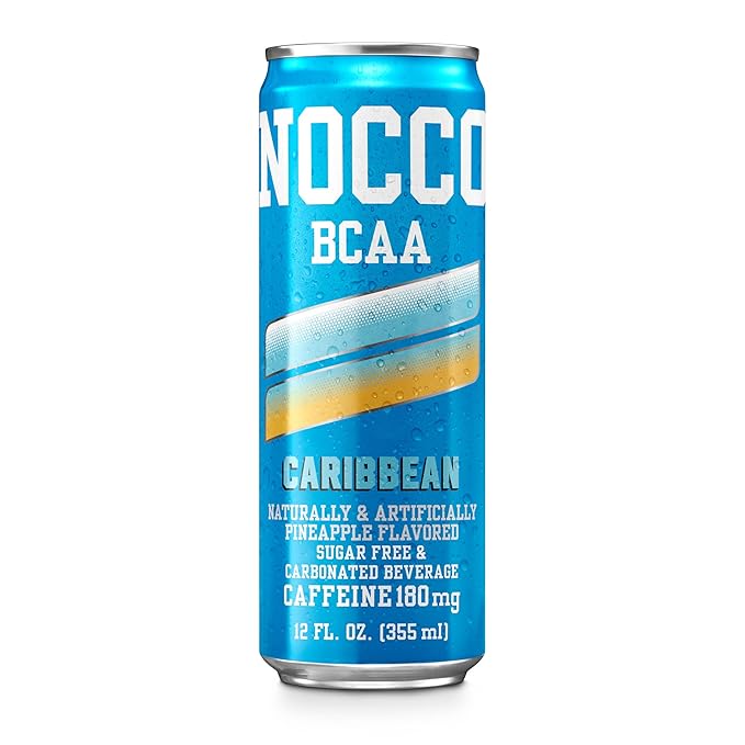 NOCCO Zero Sugar Energy Drink Caribbean - 12 Fl Oz (Pack of 12) - 180mg Caffeine Sugar Free with BCAAs - Branched Chain Amino Acids Carbonated &amp Low Cal B Vitamins Grab &amp Go Performance B