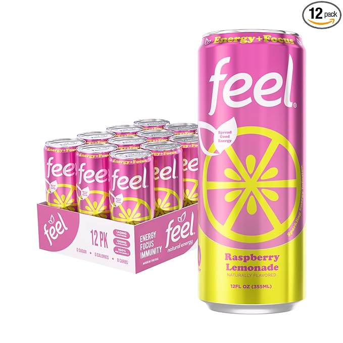 FEEL Zero Sugar Natural Energy Drink – Raspberry Lemonade 140mg Plant-Based Caffeine with L-Theanine for Focus Vitamin C for Immunity Vegan Non-GMO No Artificial Sweeteners 12 Fl Oz Cans (12-Pac