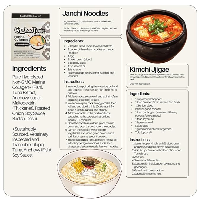 Crushed Tonic Marine Collagen Powder Korean Beauty Drink with Hydrolyzed Collagen Peptides for Skin Hair &amp Nails | Gluten-Free Halal &amp Kosher (Umami Korean Broth 100 g Servings Pouch)