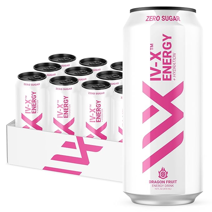 IV-X (IV-X - 12-Pack Dragon Fruit 16oz Cans - Energy &amp Focus &amp No Artificial Colors - 200mg of Green Tea Caffeine Himalayan Salt &amp Utah Sea Minerals - Gluten-Free &amp Vegan Friendly)