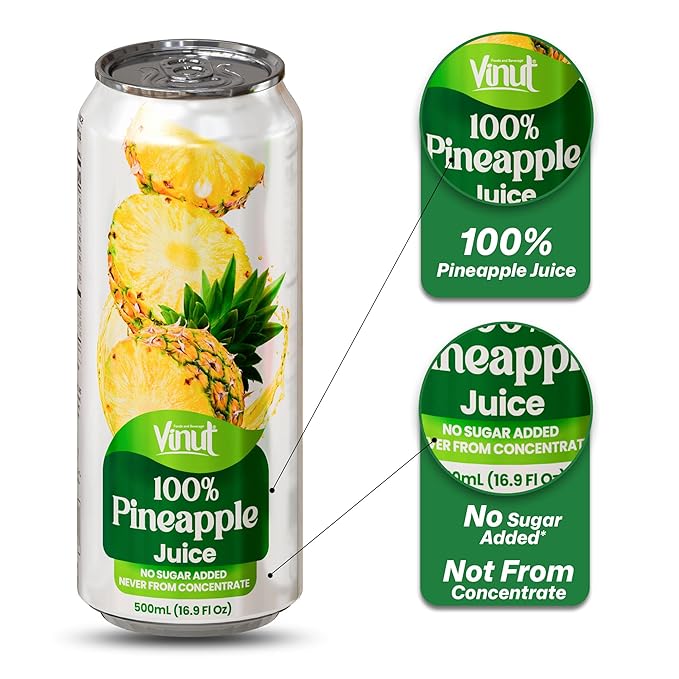VINUT 100% Pineapple Juice No Added Sugar Not From Concentrate 16.9 fl oz (500 mL) Can Pack of 12