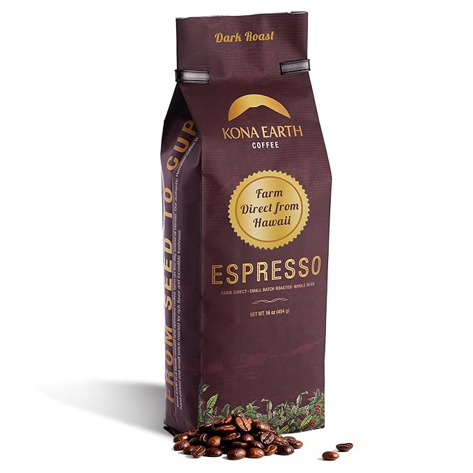 Kona Earth - Dark Roast Hawaiian Espresso Whole Bean 1lb (16 oz) Farm-Direct coffee beans from Hawaii’s Big Island Micro-Batch-Roasted