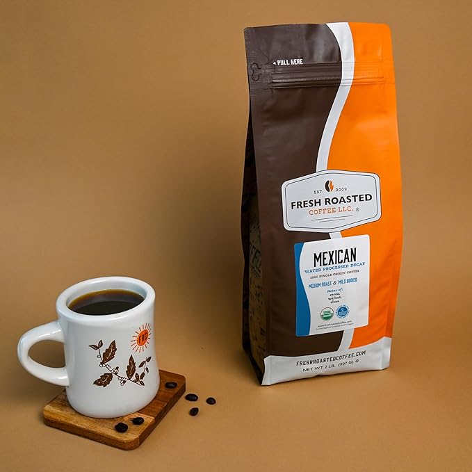 Fresh Roasted Coffee Organic Mexican Water-Processed Decaf | USDA Organic 100% Single Origin Kosher | Medium Roast 2 lb (32 oz) Whole Bean