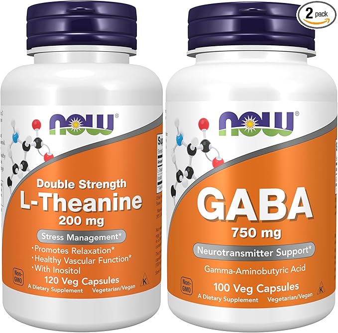 NOW Foods Supplements L-Theanine 200 mg with Inositol Stress Management* 120 Veg Capsules with Now Supplements GABA (Gamma-Aminobutyric Acid) 750mg 100 Veg Capsules