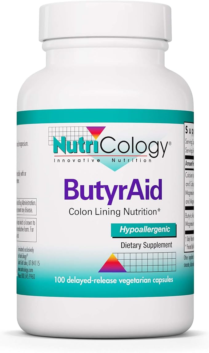 NutriCology ButyrAid Colon Lining Nutrition - Supports Gut and Colon Health - Digestive Support - Delivers 200 mg - Vegetarian &amp Hypoallergenic - 100 Servings - 100 Delayed-Release Capsules