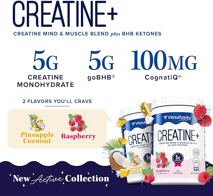 Vitauthority Multi Collagen Burn Energy: Hydrolyzed Protein Peptides with Hyaluronic Acid and Creatine Monohydrate Powder for Women Micronized Creatine Monohydrate with goBHB &amp CognatiQ