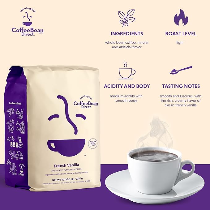 Coffee Bean Direct French Vanilla Flavored Whole Bean Coffee 5 Pound Bag (Pack of 1)