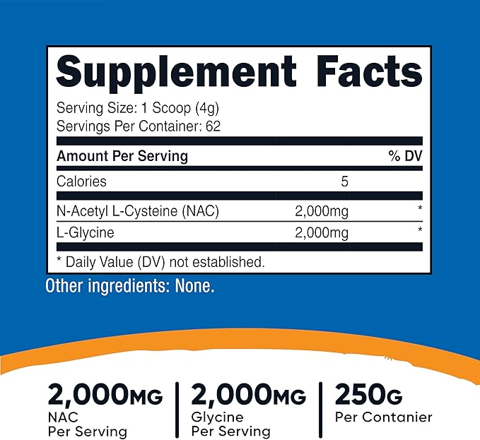 Nutricost NAC + Glycine Powder (250 Grams) Unflavored - 2000mg NAC + 2000mg Glycine per Serving Vegan GMO-Free Gluten-Free 62 Servings