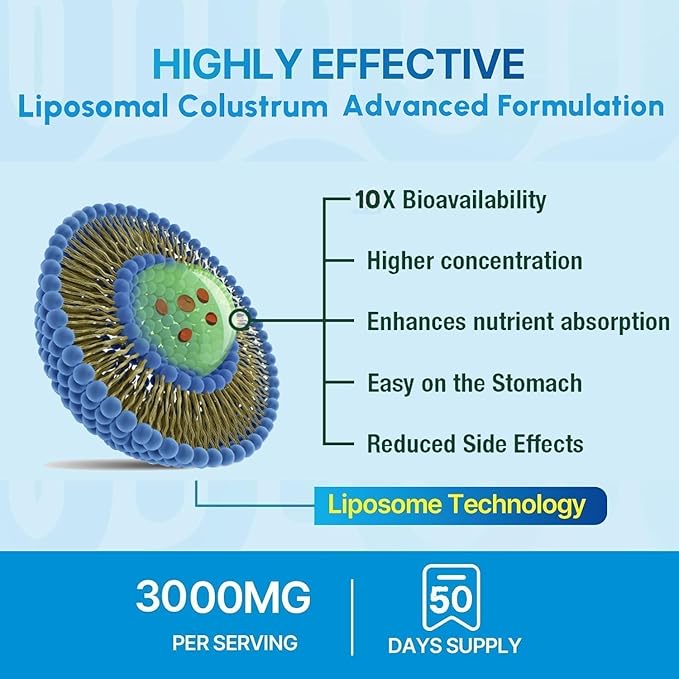 Grass-Fed Bovine Colostrum Supplement Powder - 60% High IgG 3000 mg for Gut Health Immune Support - Easy to Mix Natural Liposomal Colostrum Superfood Unflavored 50 Servings