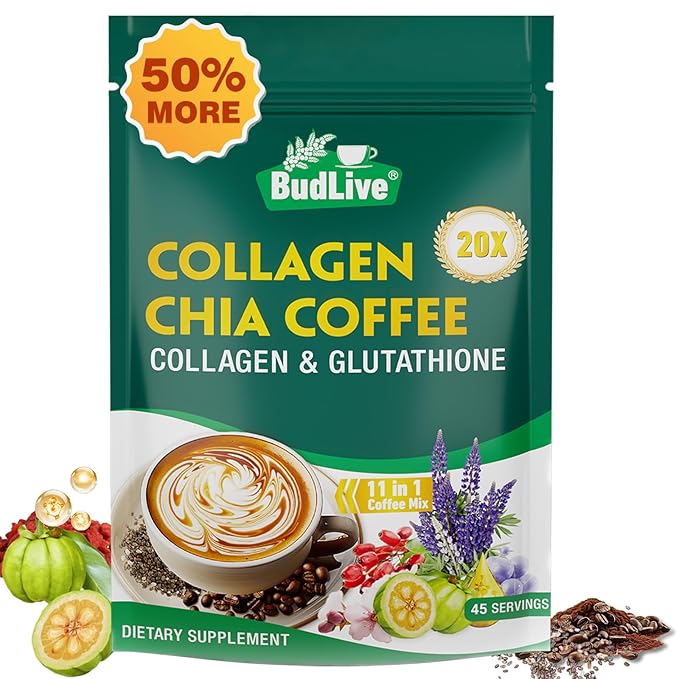 20X Collagen Chia Coffee 11 in 1 Coffee Mix with Collagen &amp Chia Seeds Goji Berry Supports Hair Skin &amp Nails Sugar Free Vegan 45 Servings (9.8Ounce (Pack of 2)