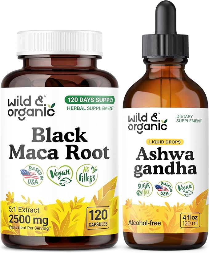 Wild &amp Organic Black Maca Root 120 Capsules &amp Ashwagandha Tincture 4 fl oz