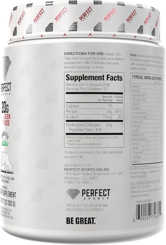 PERFECT SPORTS Hydrolyzed Collagen Peptides | Pasture-Raised Grass-Fed Types I &amp III | 10g Collagen | All Natural Non GMO Gluten Free | 25 Servings (Unflavored)