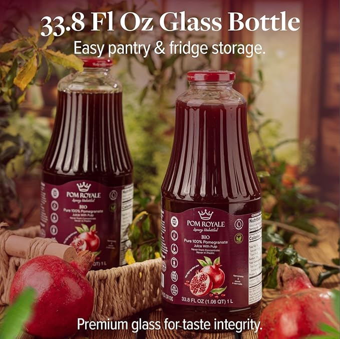 Pure Pomegranate Juice with Pulp 33.8oz Glass Bottle (Pack of 4) Cold Pressed Juice Not from Concentrate Non-GMO No Sugar Added Gluten Free Kosher Certified Preservative Free