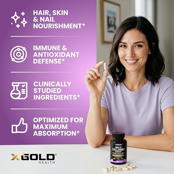 X Gold Health Collagen Complex Types I II III V Biotin 10000 mcg Keratin Hyaluronic Acid Saw Palmetto Vitamins C &amp E Advanced HSN Formula for Men &amp Women 90 Vegan Capsules