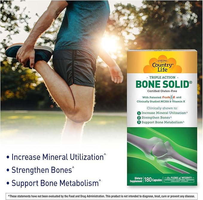 Country Life Bone Solid - Bone Health Supplement with Microcrystalline Hydroxyapatite (MCHA) Calcium Magnesium Zinc Vitamins K2 &amp D3 for Enhanced Bone Strength &amp Metabolism - 180 Capsules
