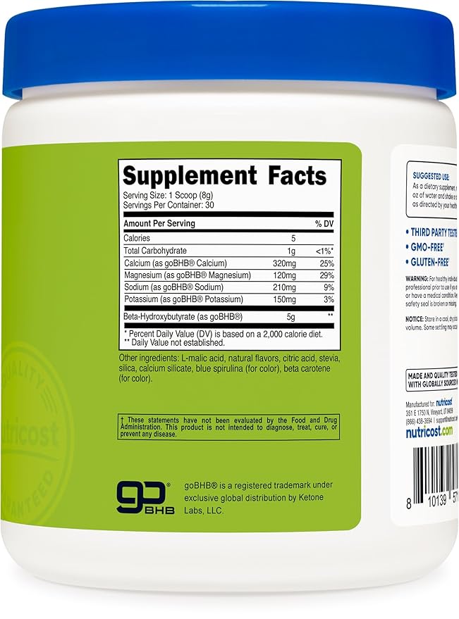 Nutricost BHB Salts Drink Mix (30 Servings Green Apple Flavored) (5G BHB Per Serving) - 0G Total Sugars Vegetarian Product