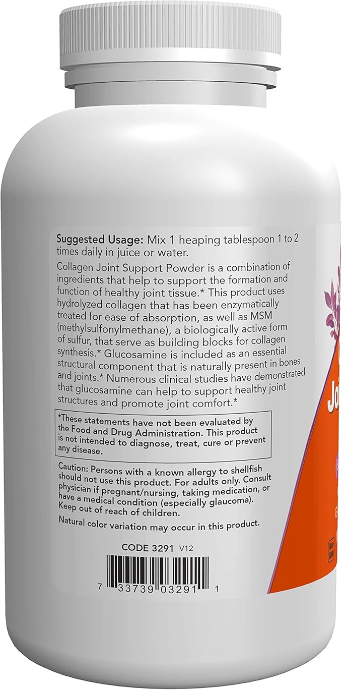 NOW Foods Supplements Collagen Joint Support™ Powder with Beef Gelatin Glucosamine Sulfate and MSM 11-Ounce