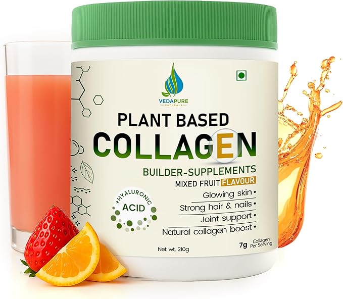 VEDAPURE Plant Collagen Peptides Powder | 7.05 oz Plant Based Vegan Organic Powder peptide Drink Mix with Hyaluronic Acid Biotion Vitamin E &amp C Healthy Skin Joints Hairs Nails