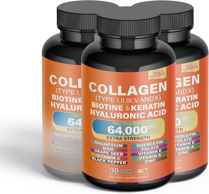 Multi Vital Collagen Peptides Capsules - Types I II III V &amp X Biotin Keratin Hyaluronic Magnesium Zinc Vitamin A C E Grape Seed Extract Quercetin with Folate (2)