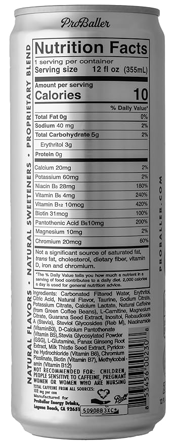 ProBaller Clean Energy Drink - Athlete-Grade Energy for Focus &amp Performance Zero Sugar NSF Certified for Sport Natural Caffeine Biotin Electrolytes Amino Acids &amp B Vitamins - Citrus 12 f