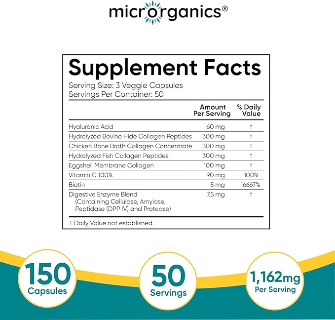 5-in-1 Collagen Complex Hydrolyzed Peptides Types I II III V Hyaluronic Acid Biotin Vitamin C &amp Digestive Enzymes for Max Absorption 150 Veg Caps