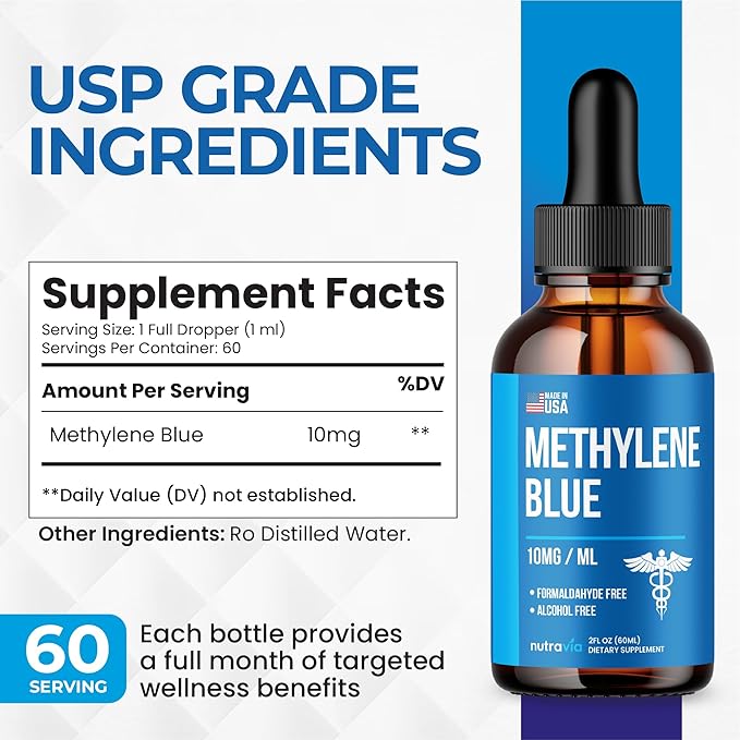 Methylene Blue Drops 1% USP Grade Third Party Lab Tested - USA Made - Formaldehyde Free Increased Absorption Blue Methylene Supreme Supplement for Humans Methane Azul De Metileno Para Humanos (2oz)