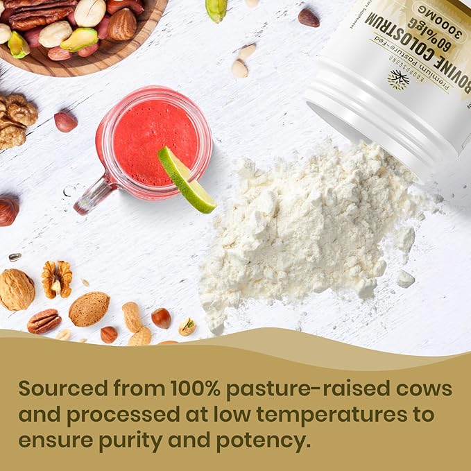 Kroppssund Bovine Colostrum Powder Supplement 3000 mg - Extra High 60% IgG Bovine Colostrum - Gut Bone Exercise Immune - 50 Servings (1 Bottle)