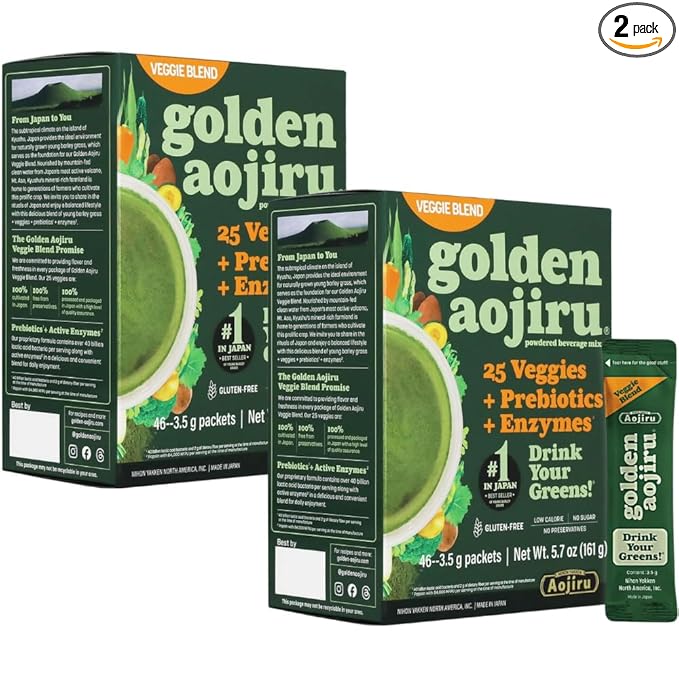 Golden Aojiru Green Superfood Powder – Japanese Barley Grass Juice with 25+ Vegetables Prebiotic &amp Enzymes – Gluten Free Green Juice – 46pcs pack of 2