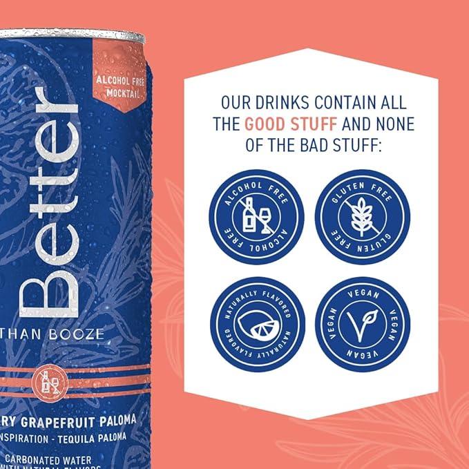 Better Than Booze Mocktails Non-Alcoholic Drinks | Alcohol Alternative Beverages Ritual Zero Proof | Enjoy Your Drink Moment with Our Alcohol Free Drinks Rosemary Grapefruit Paloma 12 Fl Oz 4 Pack