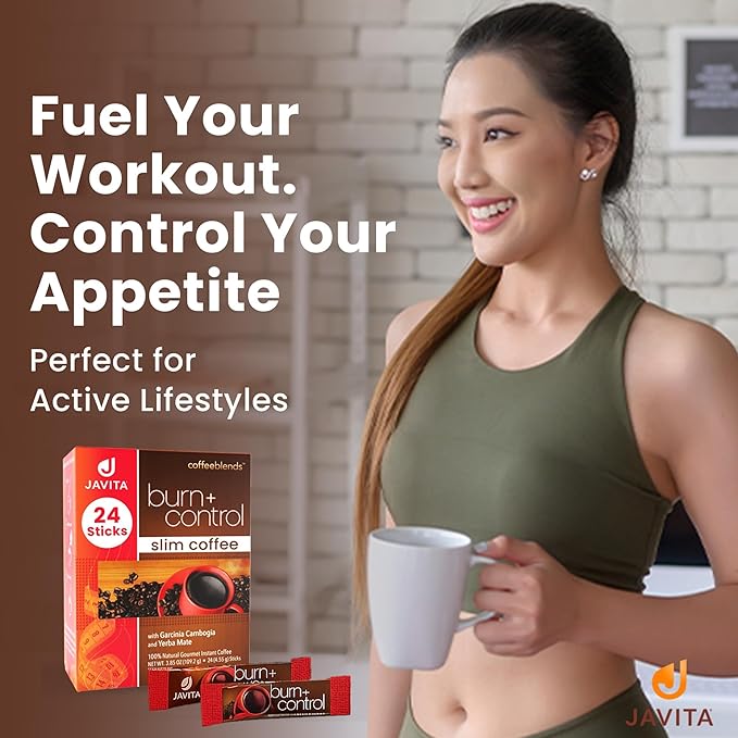 Javita Burn + Control Instant Coffee – Smooth Arabica Robusta Blend with Garcinia &amp Yerba Mate – Supports Metabolism &amp Daily Energy – Convenient Slim-Style Coffee Mix (1 box/24 serv.)