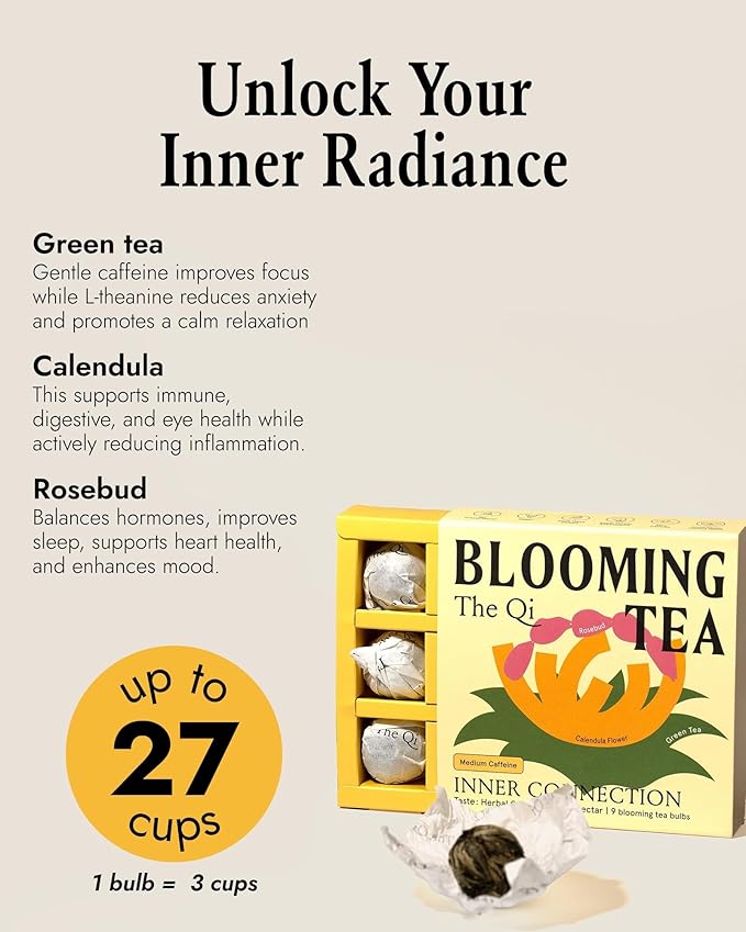 The-Qi Inner Connection Calendula &amp Rose Blooming Flower w/Green Tea – 9 Pcs Handpicked All Natural Blooming Flower Tea – The Qi Gift Set for Relaxation &amp Wellness – Makes 27 Cups
