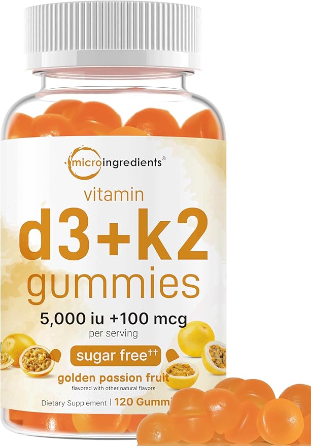 Micro Ingredients Vitamin D3 K2 Gummies &amp 8-in-1 Multi Collagen | Bundle | Sugar-Free Passion Fruit Flavor | 5000 IU D3 + 100 mcg K2 MK-7 | Hydrolyzed Peptides + Biotin Hyaluronic Acid &amp Vit