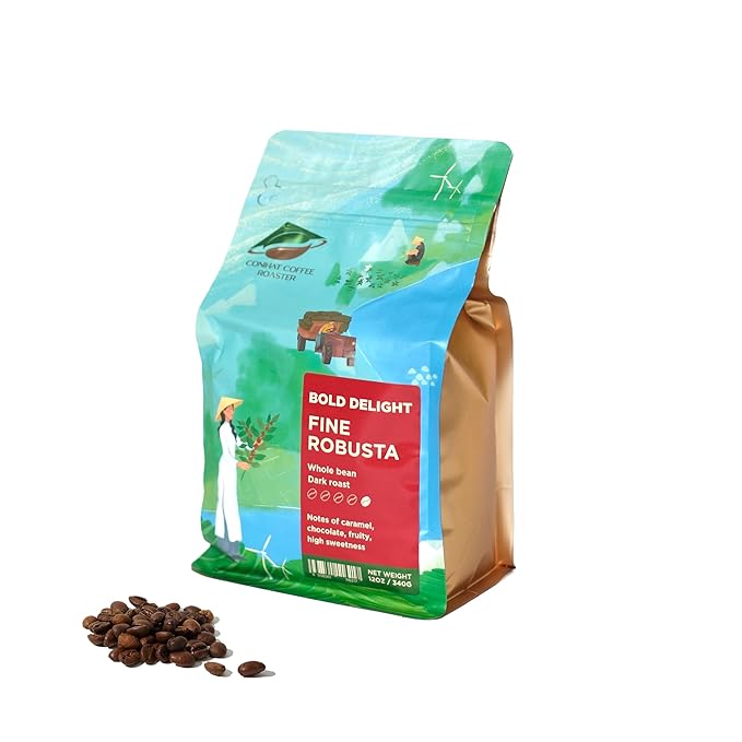 Conihat Whole Bean Coffee - 100% Vietnamese Premium Fine Robusta Dark Roast Chocolate &amp Woody Notes Long Aftertaste Low Acid Single Origin Hand-Picked 12 Oz Bag