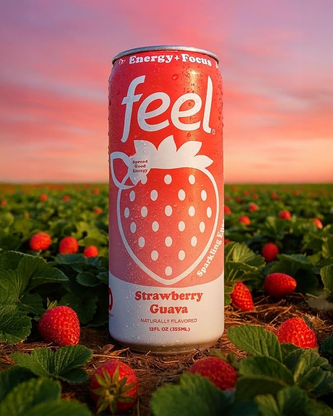 FEEL Zero Sugar Natural Energy Drink – Strawberry Guava 140mg Plant-Based Caffeine with L-Theanine for Focus Vitamin C for Immunity Vegan Non-GMO No Artificial Sweeteners 12 Fl Oz Cans (12-Pack)