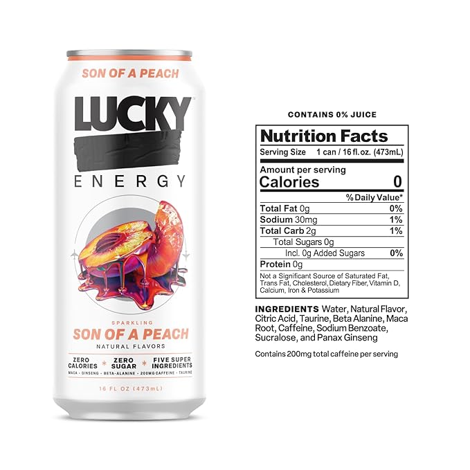 Lucky Energy Sugar Free Energy Drinks Son of a Peach 16oz Cans (12-Pack) Healthy Zero Sugar Energy Drink with Maca Ginseng Beta-Alanine Taurine &amp 200mg Caffeine