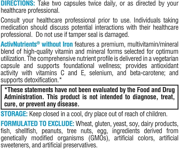 XYMOGEN ActivNutrients without Iron - No Iron Multivitamin for Wellness Support - Energy Production &amp Immune Support - Antioxidant Activity - Gluten-Free &amp Dairy-Free - 60 Count
