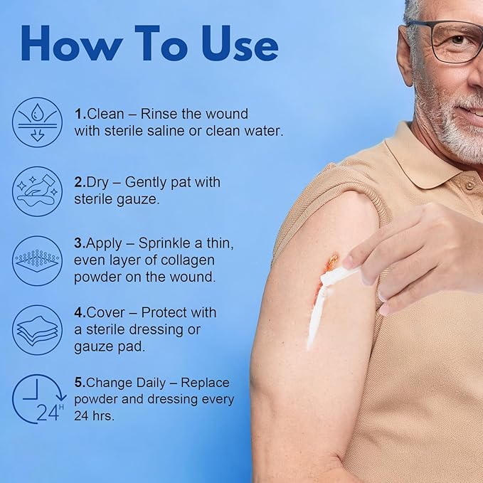 Collagen Powder for Wounds – Medical-Grade Bovine Collagen Collagen Wound Care Powder Supports Tissue Regeneration Accelerates Healing Reduces Scarring 7 Tubes x 1g