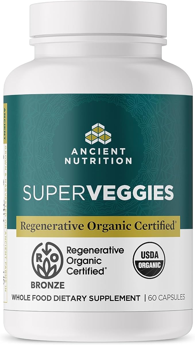 Ancient Nutrition Regenerative Organic Certified SuperVeggies Capsules Supports Gut and Immune System Health Made with Probiotics Kale Broccoli and Spinach 60 Count