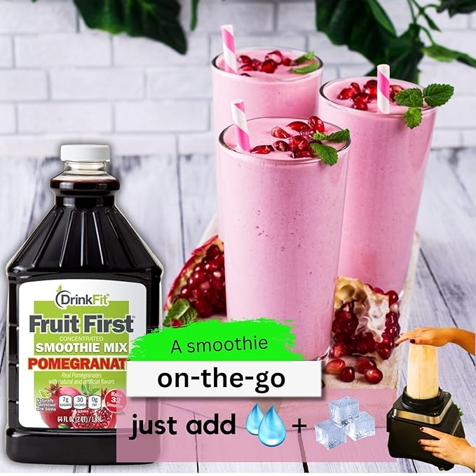 DrinkFit Fruit Smoothie | Real Fruit Puree Low Sugar Gluten:Free &amp Non:GMO Pomegranate Smoothie Mix : Makes 32 Smoothies 64 Fl Oz (Pomegranate)