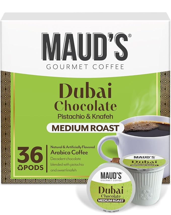 Maud's Dubai Chocolate Flavored Coffee Pods 36 ct Medium Roast Flavored Coffee in Single Serve Pods – 100% Arabica Beans Compatible with Keurig K Cups Maker