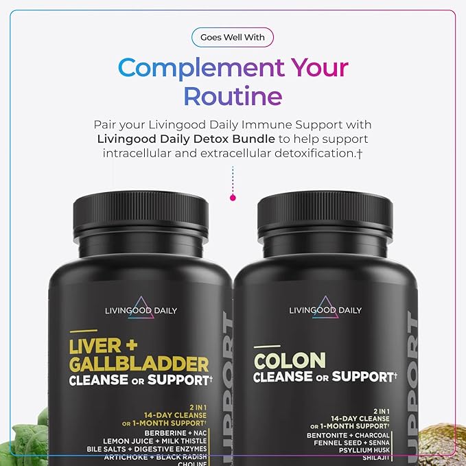 Livingood Daily Immune Support Supplement 4-in-1 Formula with Oregano Oil Monolaurin L Lysine &amp Quercetin Gut &amp Digestive Health Gluten Free Vegan Non GMO Allergen Free 120 Capsules