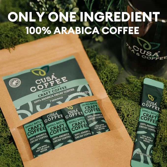 Cusa Tea &amp Coffee | Premium Instant 100% Arabica Decaf | Rainforest Alliance Certified Arabica Beans | Hot or Cold Brew Drink Mix Packets (30 Single Servings)