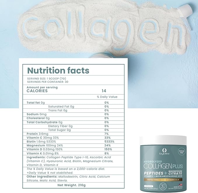 Colageno Hidrolizado para Mejorar Articulaciones + Citrato de Magnesio para tu Salud Digestiva + Peptidos IIIIII + Acido Hialuronico + Biotin + Vitamina C D y K y Fortalece Tus Uñas y Cabello