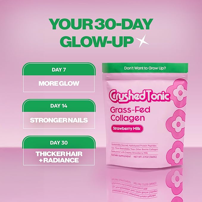 Crushed Tonic Marine Collagen Powder Korean Beauty Drink with Hydrolyzed Collagen Peptides for Skin Hair &amp Nails | Gluten-Free Halal &amp Kosher (Strawberry Milk 30 Servings (150 g) Pouch)