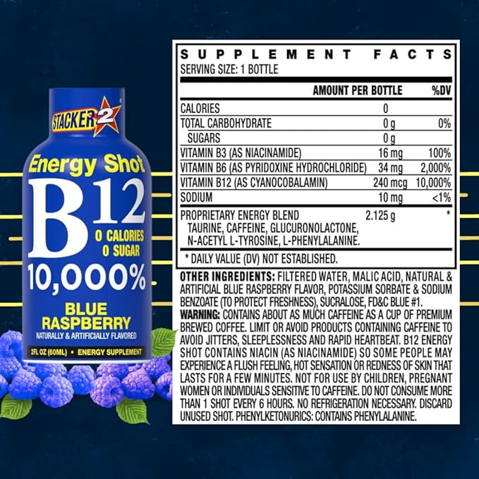 Stacker 2 Blue Raspberry B12 Energy Shot 2oz (Pack of 24)
